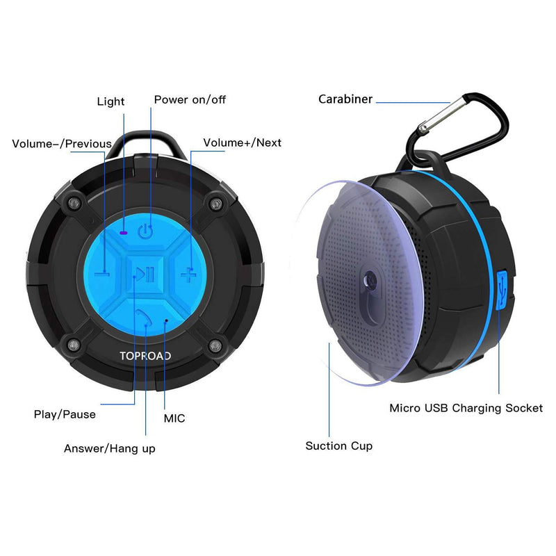 [Updated Version] Portable Shower Speaker,TOPROAD IPX7 Waterproof Wireless Outdoor Speaker with HD Sound,2 Suction Cups,Built-in Mic,Hands-Free Speakerphone for Bathroom, Pool, Beach, Hiking, Bicycle