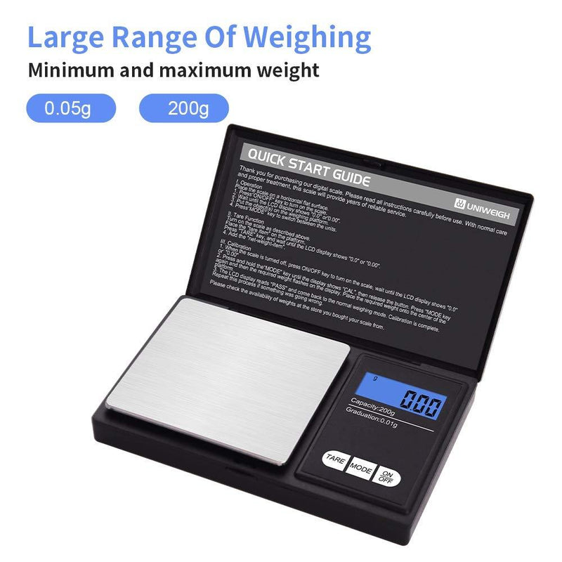 UNIWEIGH Gram Scale,200g 0.01g/0.001oz Digital Pocket Scale,Electronic Smart Weigh Scale,Portable Small Jewelry Scale Grams and Ounces,Mini Weed Scale with LCD Display,Tare