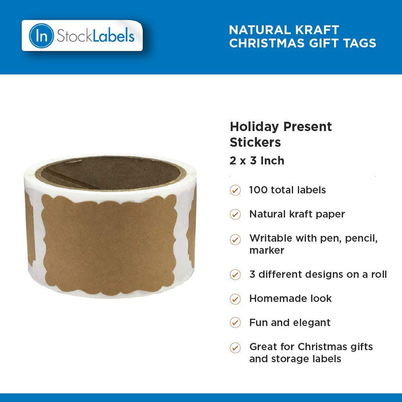 Christmas Gift Tags, 100 2” x 3” Custom Stickers for DIY Labeling (Kraft Brown) Natural Kraft