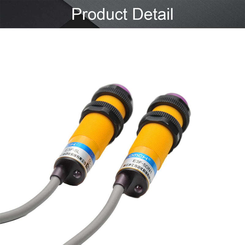 Fielect Photoelectric Sensors Through-Beam Detection Photoelectric Sensor Switch 200MA Detection Distance 5M 3/2 Wires E3F-5L+E3F-5DN1 2pcs Models : E3F-5L+E3F-5DN1