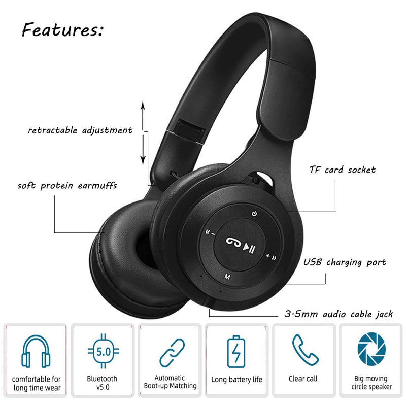 Kids Bluetooth Headphones, Over-Ear Wireless Bluetooth 5.0 Headset, Comfortable Protein Earpads and Folding Storage,HiFi Music Player with Microphone Bluetooth Wireless Headset (Black) Black