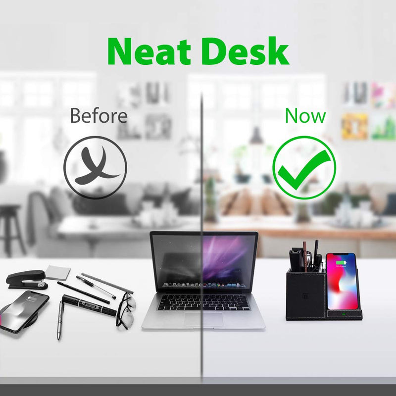 Desk Supplies Organizer, Multi-Functional Pencil Pen Holder with Wireless Charger, Desktop Stationery Organizer, Home Office Supply Storage Box Caddy (Black)