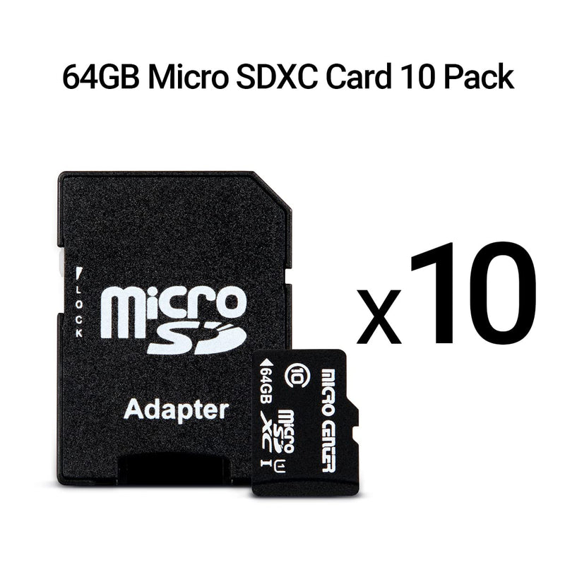 Micro Center 64GB Class 10 MicroSDXC Flash Memory Card 10 Pack with Adapter for Mobile Device Storage Phone, Tablet, Drone & Full HD Video Recording - 80MB/s UHS-I, C10, U1 (10 Pack) 64GB - 10 pack