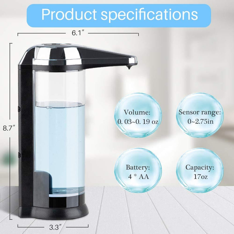 Secura 17oz / 500ml Premium Touchless Battery Operated Electric Automatic Soap Dispenser w/Adjustable Soap Dispensing Volume Control Dial (Chrome) Chrome