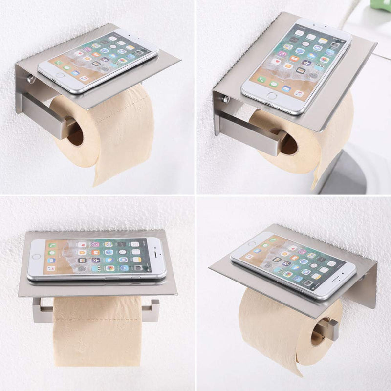 Toilet Paper Holder with Phone Shelf Brushed Nickel, APLusee Bathroom Accessories SUS 304 Stainless Steel Tissue Roll Dispenser Storage Wall Mounted