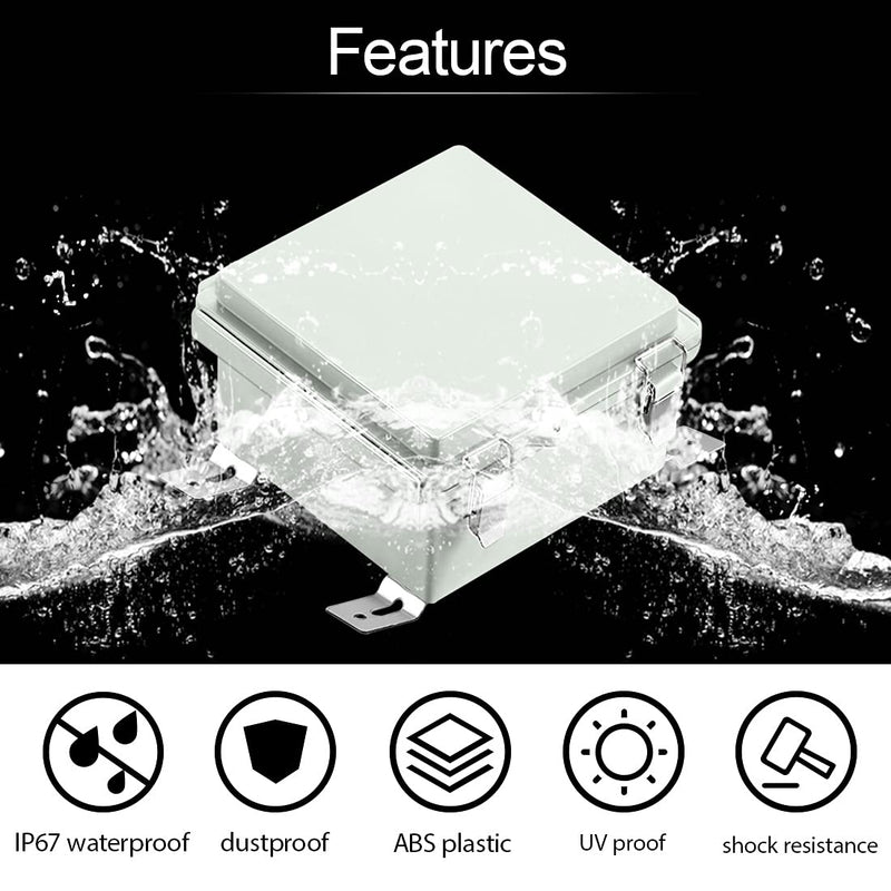 LeMotech ABS Junction Box Hinged Cover Stainless Steel Latch IP67 Waterproof Plastic Universal Enclosure with Mounting Plate and Wall Bracket for Electrical Project 5.9x5.9x3.5 inch (150x150x90mm) 5.9"x5.9"x3.5"