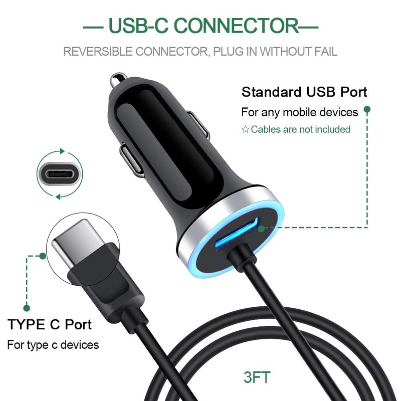 USB C Car Charger, 3.4A Fast Charging Car Charger for Samsung Galaxy S22 S21 S20 S10E S9 S8 Note 22 21 20 10 9 8 A50 A20 A51 A70 A71 A21 A10E, LG G7 V60 Stylo 6/5, Car Adapter 3ft Type C Charger Cable