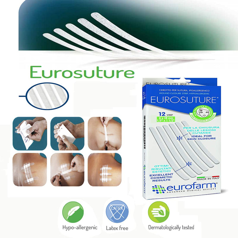 EUROSUTURE - Skin Closure 1/2 x 4 inches Sterile Suture Strips, Dynamic Adherence and Superior Security for Wounds – 2 Pouches of 6 Strips Each (12 Strips per Box) 1/2 x 4" 12 PCS