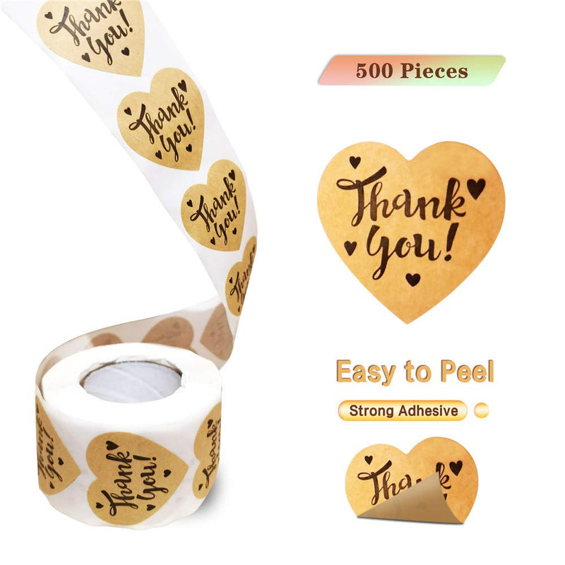 Thank You Heart Stickers Roll, 1.5 inch Thank You Stickers Brown Kraft Paper, 500p/Roll, Small Business, Party Decorative Sealing Labels Stickers(Heart Thank You Stickers 500Pcs/Roll) Heart Thank You Stickers 500pcs/Roll