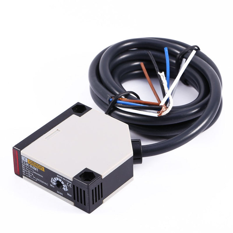 Photoelectric Sensor Switch Indoor Wall Mounted Photoelectric Beam Sensor AC 90-250VAC 3A Anti-Interference Specular Reflection with 1.5M Cable Induction Distance 4M Reflector Panel E3JK-R4M1