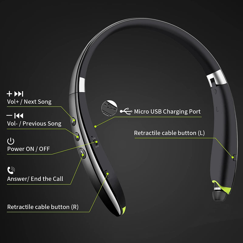 Bluetooth Headset, 2022 Upgraded Neckband Bluetooth Headphones with Retractable Earbuds, Noise Cancelling Stereo Earphones with Mic, Foldable Wireless Headphones for Sports Office with Carry Case Black