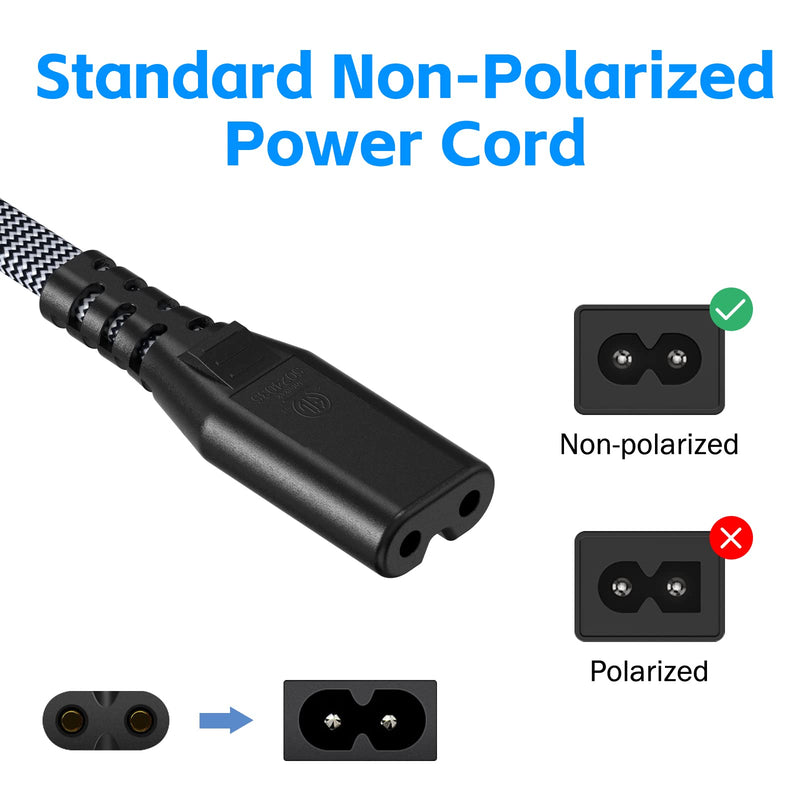 AC Power Cord 20FT(1 Pack), 2 Prong TV Power Cord, Nylon Braid Cable Replacement for Xbox One S, Xbox One X, Xbox Series X, PS3, PS4, PS5, Compatible for Printer, Monitor, Sound Bar, Game Console
