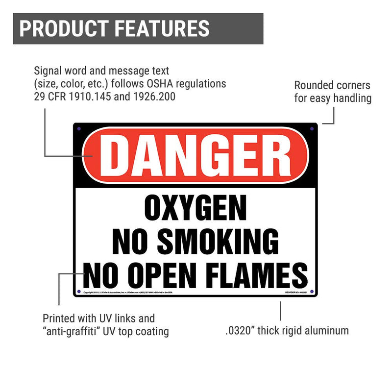 Danger: Oxygen, No Smoking, No Open Flames Sign - J. J. Keller & Associates - 20" x 14" Aluminum with Rounded Corners for Indoor/Outdoor Use - Complies with OSHA 29 CFR 1910.145 and 1926.200