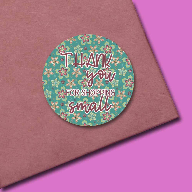 Blue & Pink Floral Thank You for Shopping Small Customer Appreciation Sticker Labels for Small Businesses, 60 1.5" Circle Stickers by AmandaCreation, for Envelopes, Postcards, Direct Mail!