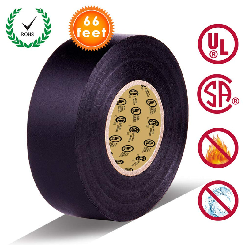 Black Electrical Tape by LYLTECH, 66 feet x 3/4 inch x 0.07 mil-600V,Pass UL/CSA Certification. Waterproof,Flame Retardant,Strong Adhesive, 14℉ to 176℉(Black) Black