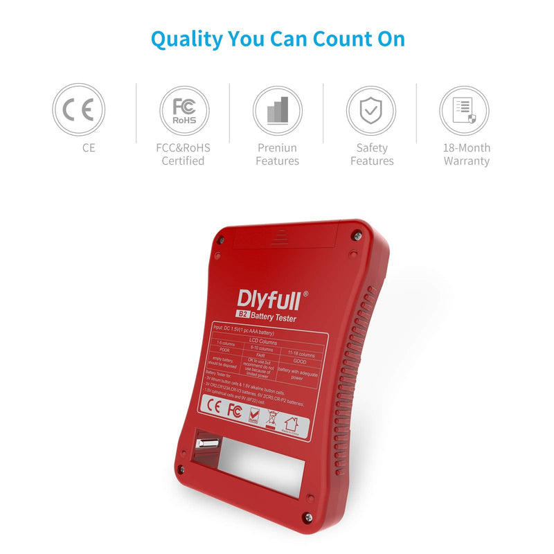 Dlyfull Battery Tester, LCD Display Universal Battery Checker for AA AAA C D 9V CR2032 CR123A CR2 CRV3 2CR5 CRP2 1.5V/3V Button Cell Batteries, 1x AAA Batteries Included