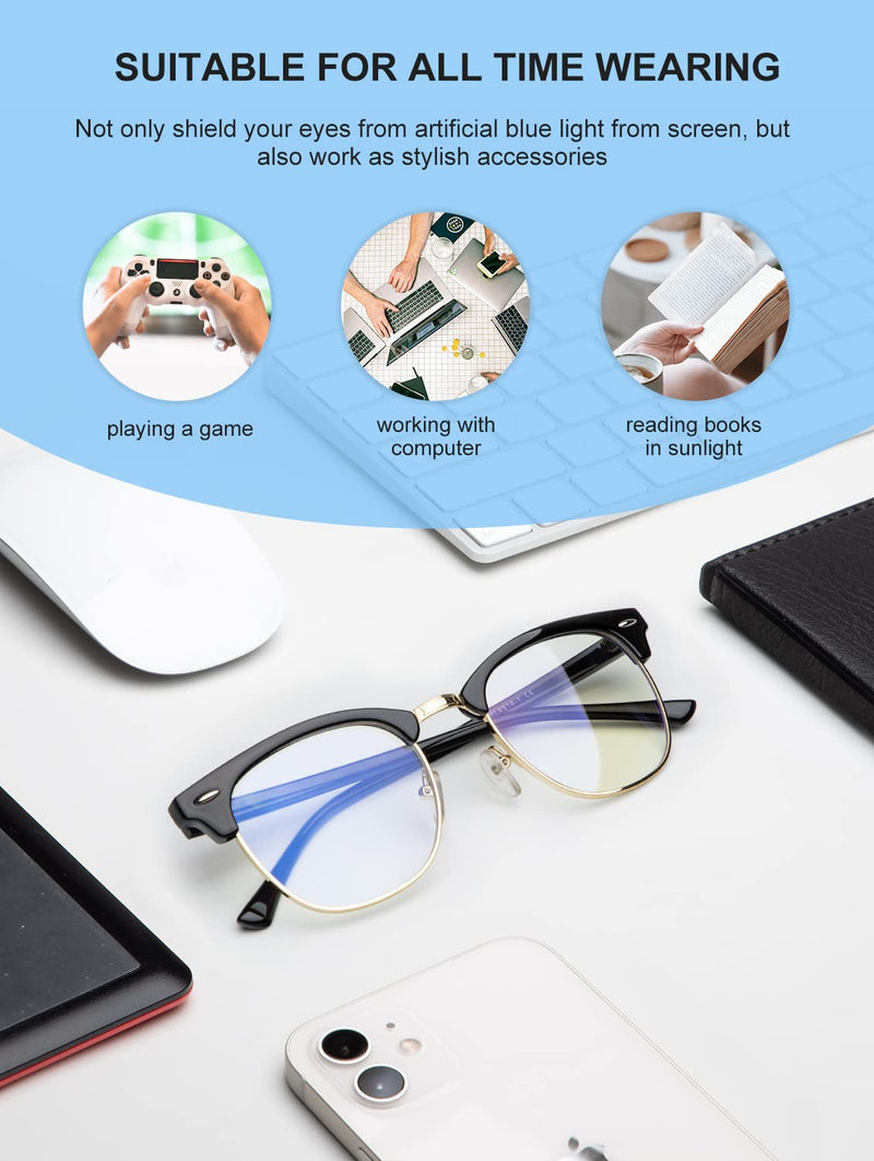 NSSIW Blue Light Glasses for Women and Men, Advanced Computer Glasses, Gaming Glasses, Semi Rimless Glasses 01 Glossy Black/Golden Rim