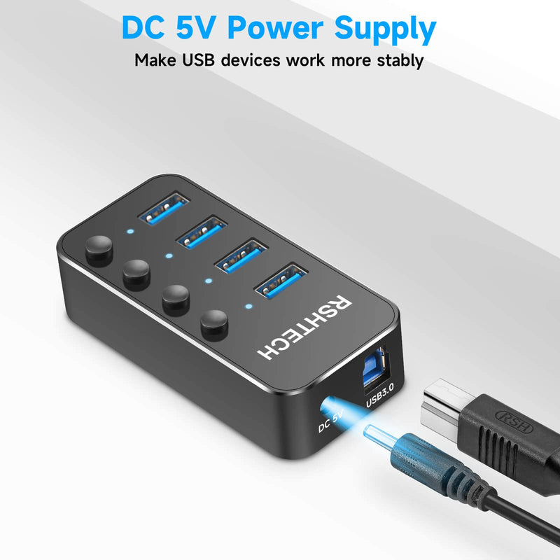 USB 3.0 Hub RSHTECH 4 Port Powered USB 3.0/USB C Hub Upgraded Version with 2-in-1 3.3ft USB Cable,5V Power Adapter and Individual Switches, Portable Aluminum USB Splitter for Laptop and PC, RSH-ST04 4-Port USB hub