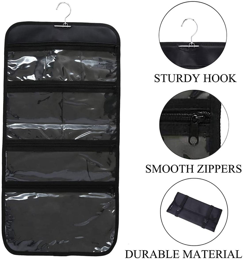 WODISON Foldable Clear Hanging Travel Toiletry Bag Cosmetic Organizer Storage Black