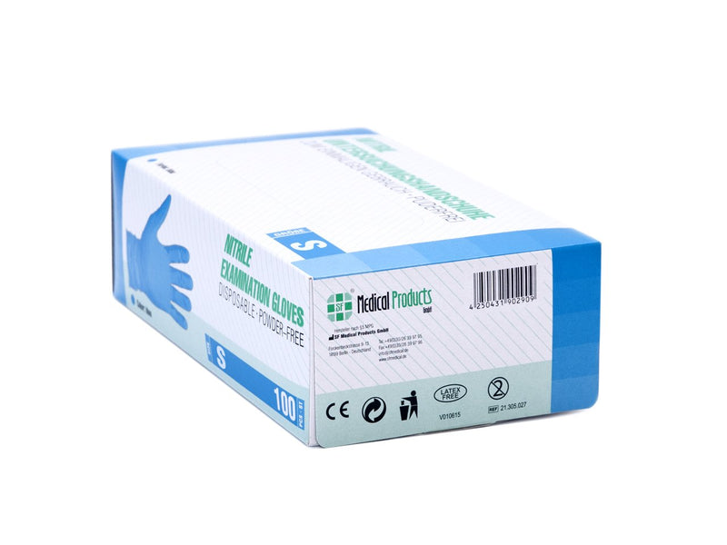SF Medical Products GmbH Disposable Gloves S Blue Pack of 100 Box Disposable Gloves Powder-Free Nitrile Gloves Non-Sterile Rubber Gloves Nitrile Gloves