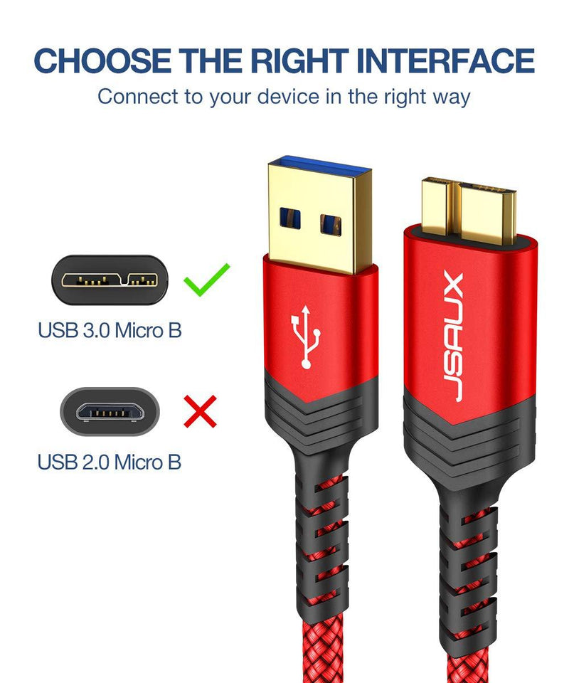 JSAUX USB 3.0 Micro Cable, 2 Pack (1ft+3.3ft) External Hard Drive Cable USB A Male to Micro B Charger Cord Compatible with Toshiba, WD, Seagate Hard Drive, Samsung Galaxy S5, Note 3, Note Pro 12.2 ect red