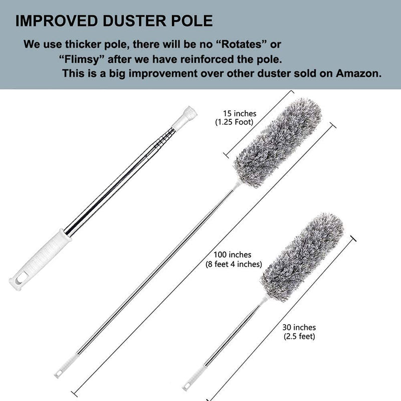 HEOATH Microfiber Feather Duster with Extendable Pole, 100" Extra Long Cobweb Duster for Cleaning, Bendable Head, Scratch-Resistant Cover, Washable Duster for Ceiling, Fan, Furniture 100 Inch