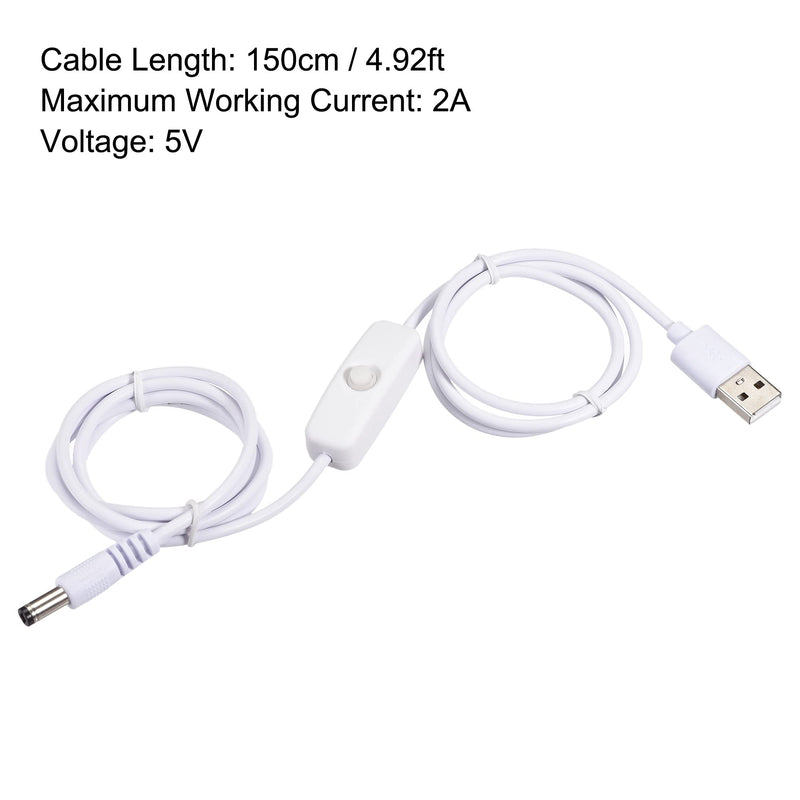 MECCANIXITY USB Cable with ON/Off Switch, USB Male to 5.5x2.1mm DC Male Extension Cord 150cm White, for LED Desk Lamp LED Strip