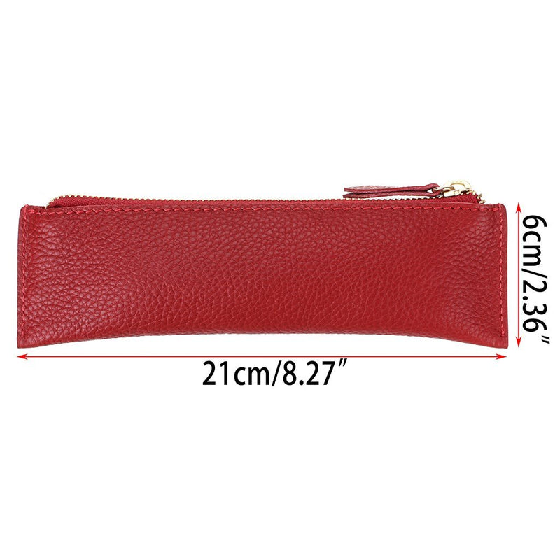 BTSKY Genuine Leather Pencil Case - Zippered Pen Case Stationery Bag Zipper Pouch Pencil Holder (Red) Red