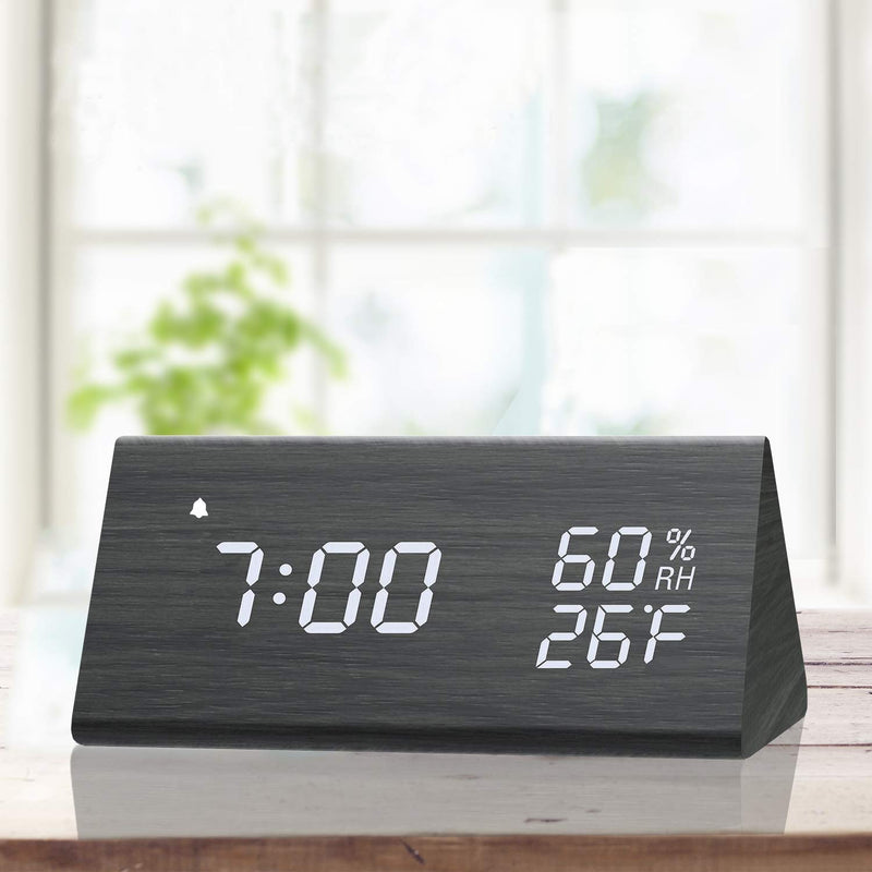 Digital Alarm Clock, with Wooden Electronic LED Time Display, 3 Alarm Settings, Humidity & Temperature Detect, Wood Made Electric Clocks for Bedroom, Bedside… (Black) Black