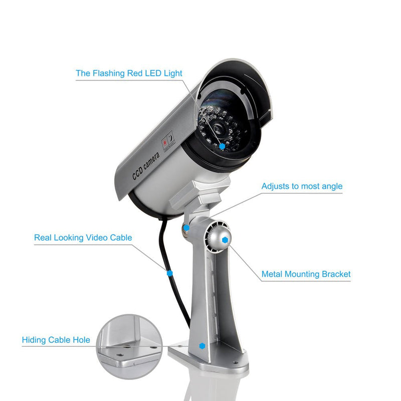 Dummy Security Camera, Fake CCTV Surveillance System with Realistic Red Flashing Lights and Warning Sticker (1, Silver)