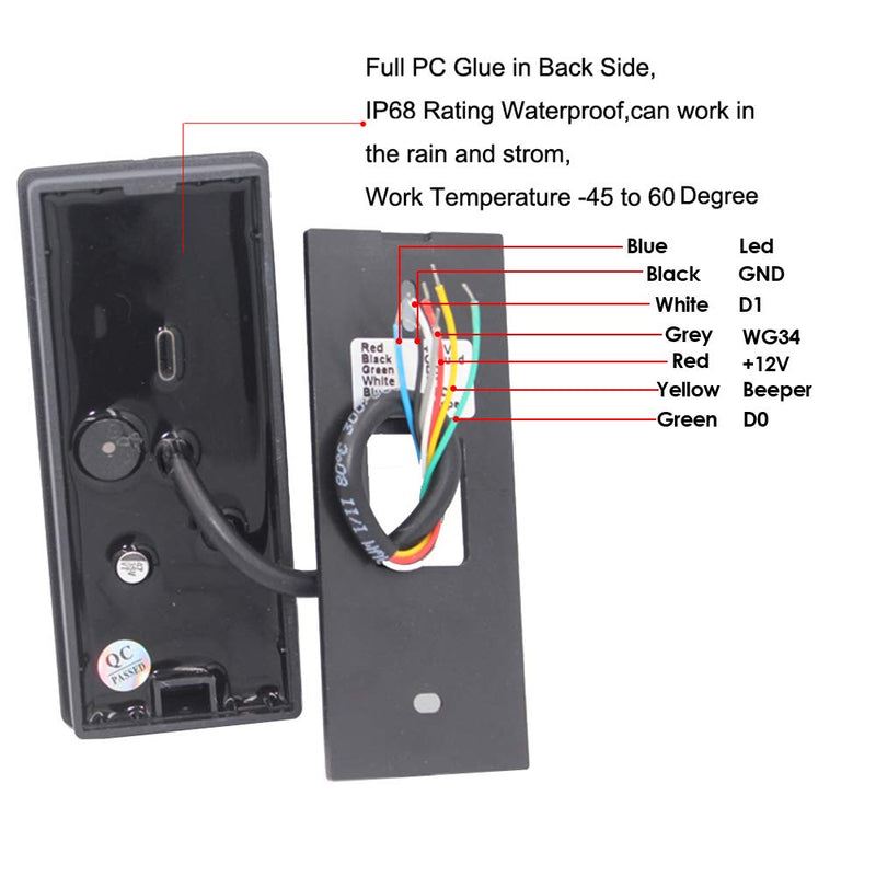 BSTUOKEY RFID Reader Proximity Card Reader Wiegand 26/34 Bit Output Door Access Reader Waterproof IP68 Access Control 125KHZ Card Reader with 10 Color Key