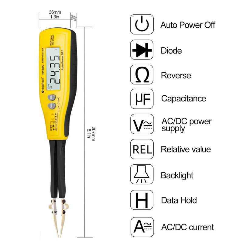 HoldPeak Digital Smart SMD Tester 6000 Counts HP-990C DMM Handheld Resistance Capacitance Tester,Digital Multimeter Auto Scan with Spare Test Pins (Battery Included) 1-990C Handheld SMD METER