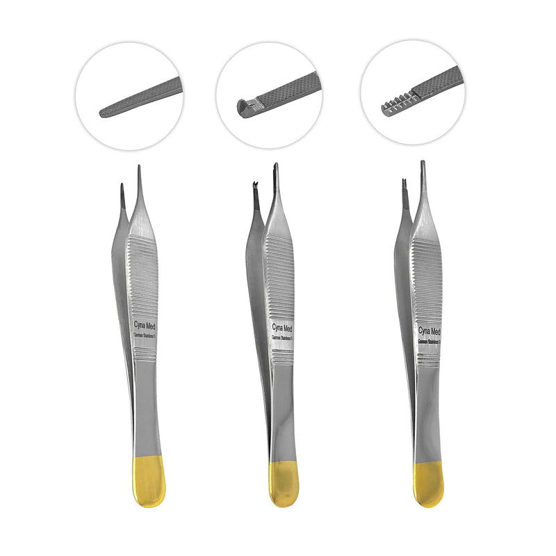 Cynamed T/C Adson Plastic Surgery Forceps 4.75" Straight Fine Point with Tungsten Carbide Inserts Surgical Veterinary Instruments with Gold Handle (Serrated Tips, Adson Dressing Forceps, TC) Serrated Tips