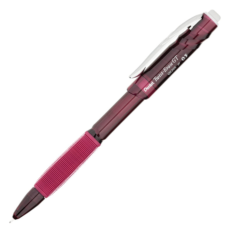 Pentel Twist-Erase GT, 0.5mm, Mechanical Pencil Transparent Burgundy barrel, Box of 12 (QE205B)