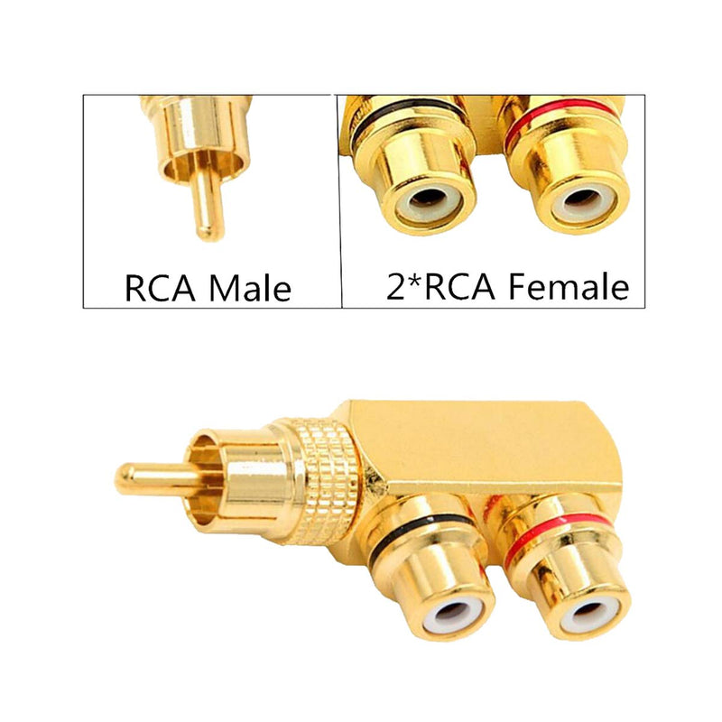 Kework 2-Pack 90 Degree Right Angle RCA Splitter,1RCA Male to 2RCA Female AV Splitter Adapter Connector,Gold Plated (1 to 2 Way) 1 to 2 Way