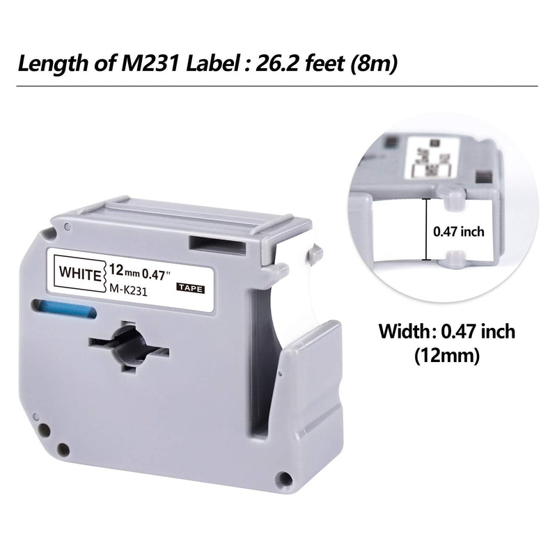 Compatible Label Tape Replacement for Brother Ptouch M Tape M231 MK 131 431 631 731 Label Tape, Ptouch Tape 12mm 0.47 for PT-45 PT-65 PT-90 PT-M95 PT-70BM Label Maker, 5 Pack
