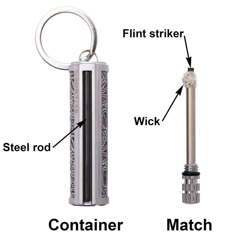 SURVIVE Permanent Match Metal, 2 Pack, Reusable Survival Fire Starter Lighter, Emergency Waterproof Keychain Striker Stick Kit Silver