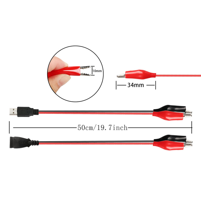 PNGKNYOCN Alligator Clip Jumper Probe to USB Male and Female Test Wre 18AWG Adapter Red and Black Wire Alligator Clip Test Wire 50 cm for Testing The Circuit