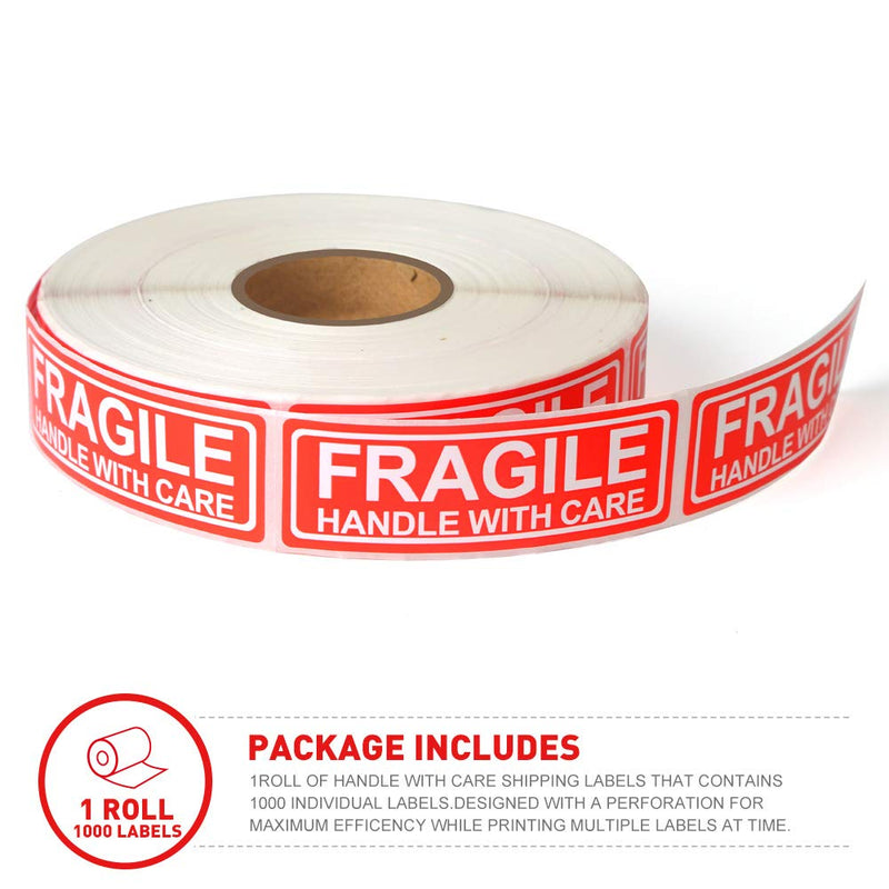 Fragile 1"x3" Handle with Care Shipping Stickers, 1000 Labels Per Roll