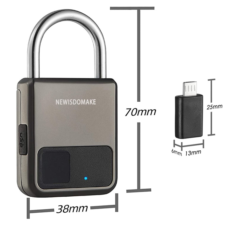 Fingerprint Padlock, Smart Padlock with USB Charging Support, Fingerprint Lock, Biometric Lock Suitable for Luggage, Bookcase, Suitcase, Backpack, Bike, School Locker, Gym Locker Lock(Gray) Gray