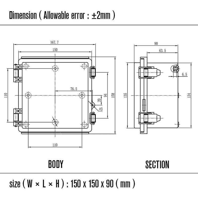 LeMotech ABS Junction Box Hinged Cover Stainless Steel Latch IP67 Waterproof Plastic Universal Enclosure with Mounting Plate and Wall Bracket for Electrical Project 5.9x5.9x3.5 inch (150x150x90mm) 5.9"x5.9"x3.5"
