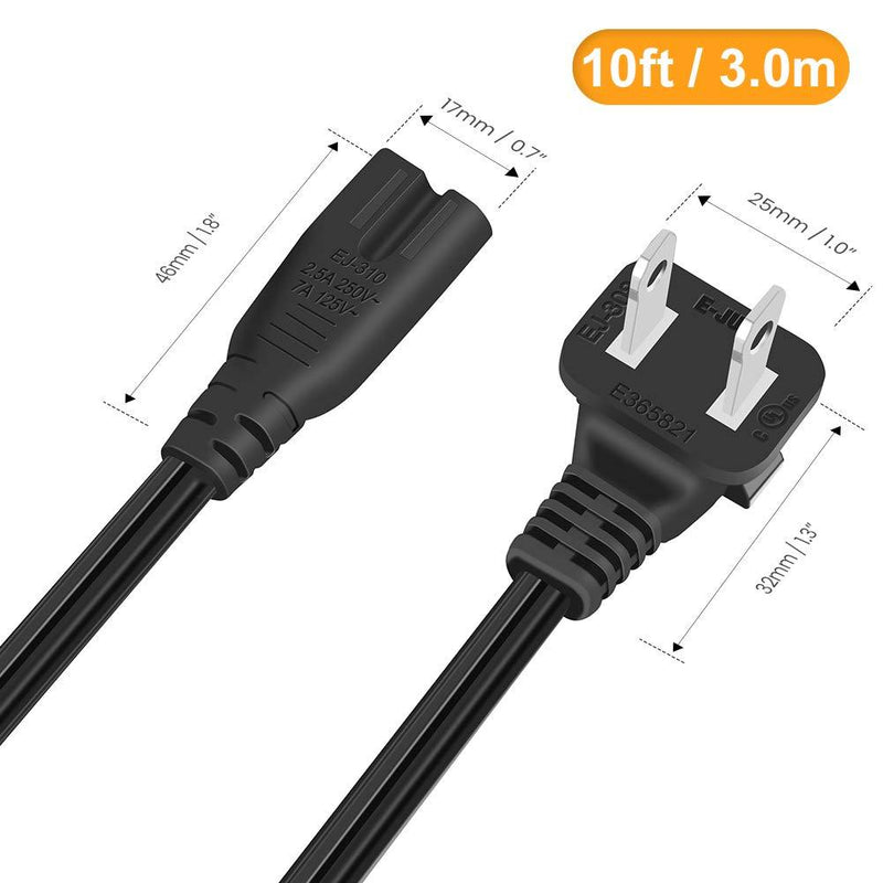 CableCreation 10 Feet 90 Degree 2-Slot Polarized Power Cord, 18 AWG Angled IEC320 C7 to NEMA 1-15P Power Cable, 3M/Black