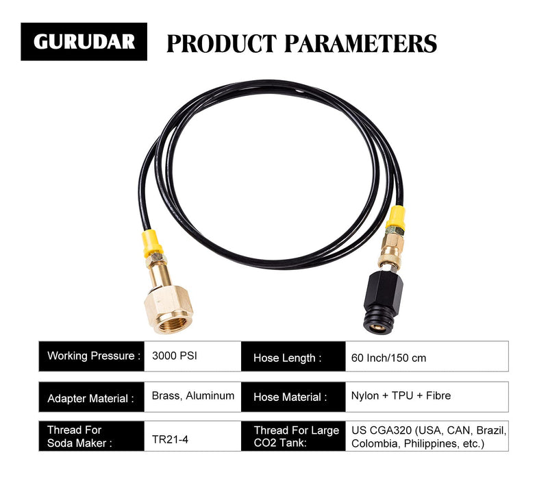 GURUDAR CO2 Cartridges CO2 Tank Direct Adapter with 60Inch High Pressure Hose, CGA320 CO2 Cylinder to Sparkling Water Maker Soda Maker direct Connector for SodaStream Drinkmate Aarke Black