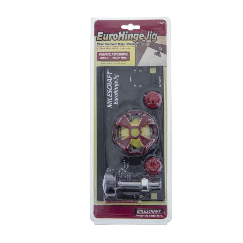 Milescraft 1342 Euro Hinge Jig• Concealed Hinge Jig for Framed & Frameless Cabinets• Automatically Aligns to 6 Common Hinge Settings• Metal Drill Guide Produces Perfect Hinge Holes– 35mm Bit Included