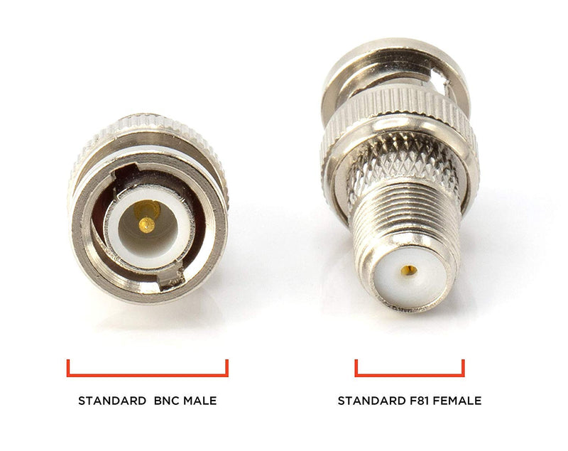 RF (F81) and BNC Coaxial Adapter - BNC Male to Female F81 (F-Pin) Connector, Adapter, Coupler, and Converter - for RG11, RG6, RG59, RG58, SDI, HD SDI, CCTV - 4 Pack Silver BNC Male