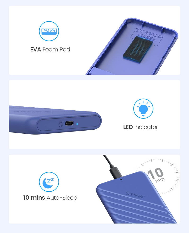 ORICO 2.5 inch USB C Hard Drive Enclosure USB 3.1 Gen 2 to SATA III External Hard Drive Case for SSD HDD 9.5 7mm Tool-Free with UASP, Blue (25PW1-C3) 25PW1-C3-BL