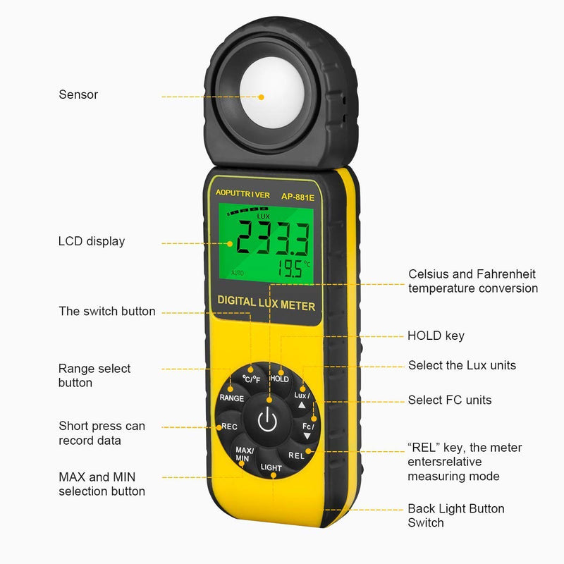 Light Meter, lux Meter AP-881E Recording Light Meter for Plants with Display 3999(Range from 1～300,000Lux), Lux/Fc Unit, MAX/MIN, Back Light, Data Hold, Data Storage AP-881E(0.01~300,000 Lux)