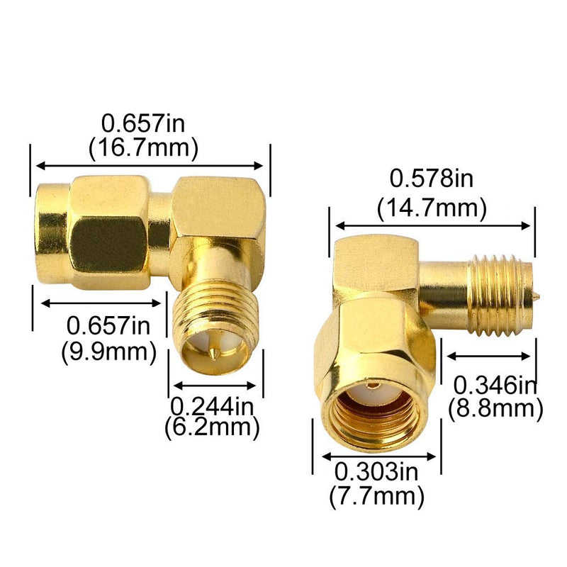 BOOBRIE 90 Degree Reverse Polarity SMA Coax Adapter RP SMA Male (Hole) to RP SMA Female (Pin) Right Angle Connector RP-SMA to RP-SMA Adapter for Audio FPV Drone Antennas Radio Video Mobile Pack of 2