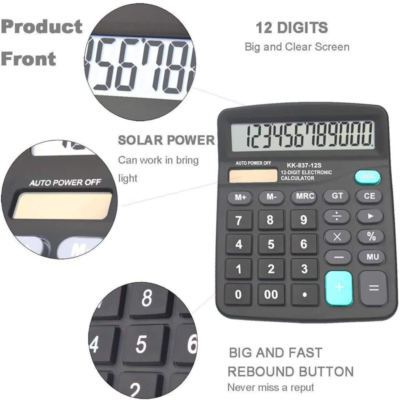 Calculators, BESTWYA 12-Digit Dual Power Handheld Desktop Calculator with Large LCD Display Big Sensitive Button (Black, Pack of 1) Black, Pack of 1