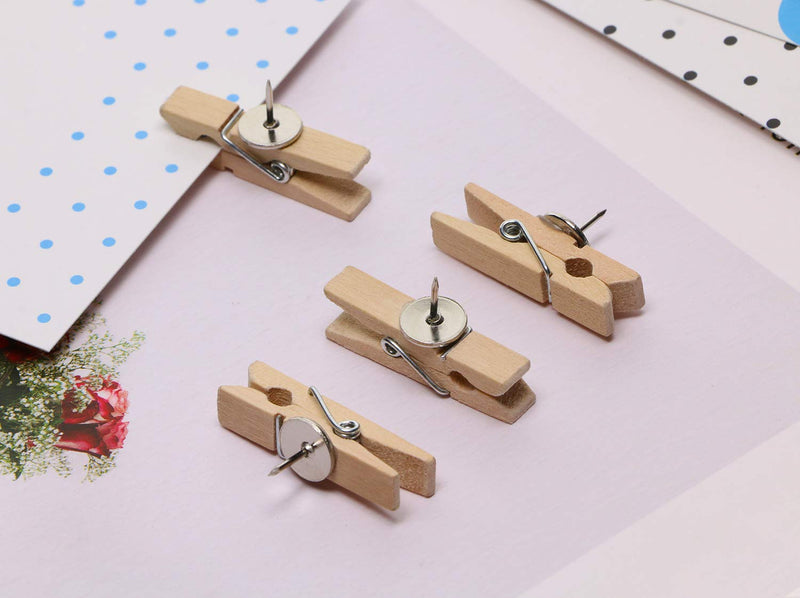Tupalizy Wooden Clips Push Pins Clothespins Pushpin Tacks Thumbtacks for Cork Bulletin Boards Picture Documents Notes Papers Photos Files and Artworks Craft Projects, 20PCS